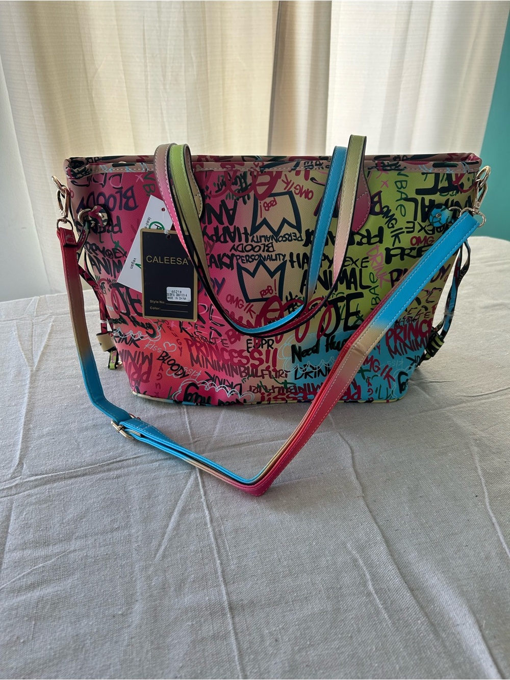 Calessa Los Angeles Multicolor Graffiti Neon Print Tote Bag Shoulder NEW